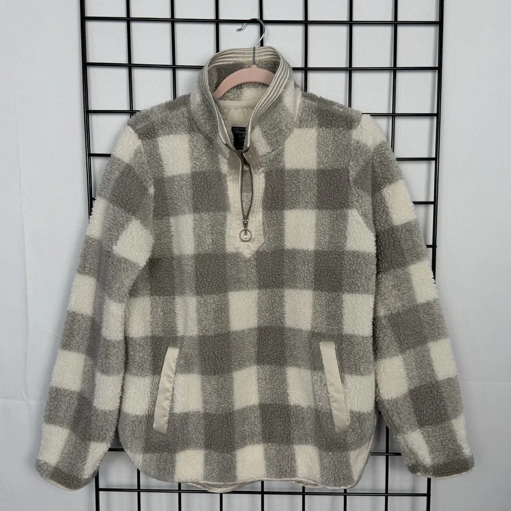 Abercrombie & Fitch Sherpa 1/4 Zip Pullover Womens Small Gray Buffalo Plaid Cozy